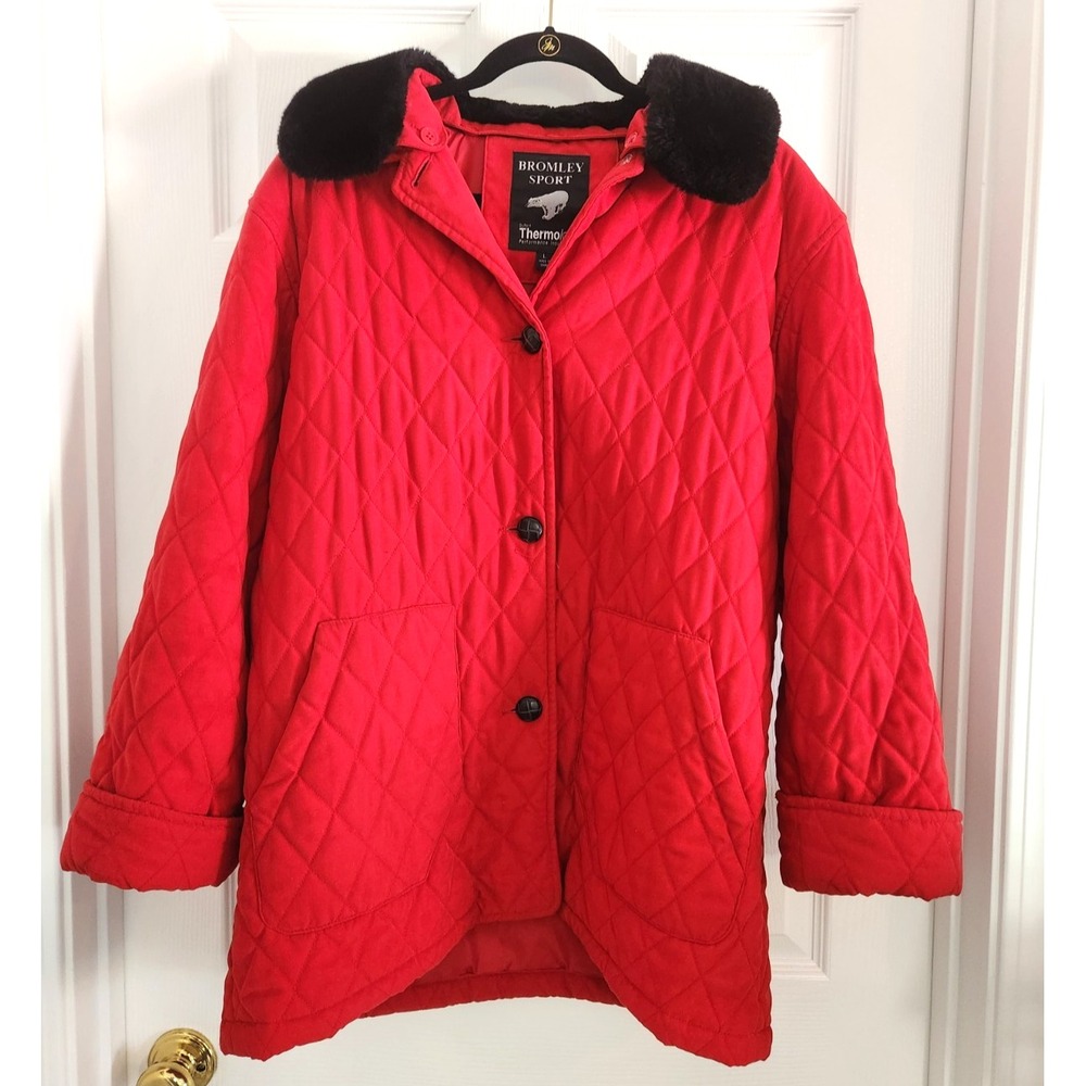 Bromley Sport Thermoloft Women's Winter Coat Sz L Red Faux Fur Collar Quilted